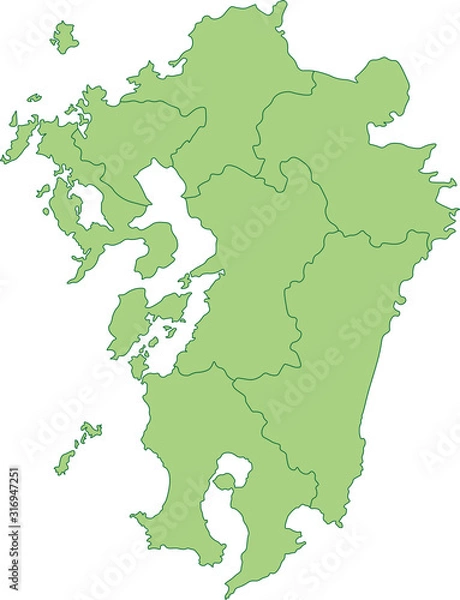 Obraz 九州地方の地図_都道府県ごとに色を変えられます