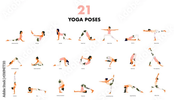 Obraz  Set of Tiny women performing yoga poses. Women practicing asanas and pelvic floor exercises. Flat cartoon vector illustration isolated on white background. 
