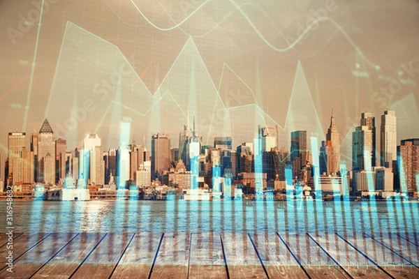 Fototapeta Forex graph on city view with skyscrapers background multi exposure. Financial analysis concept.