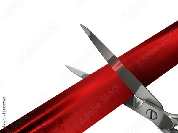 Obraz Scissors Cutting Red Ribbon. White Background. 3D illustration