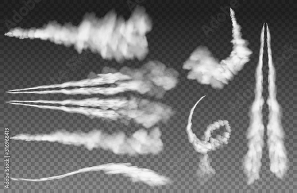 Fototapeta Set of Airplane condensation trails. Smoke trail. Plane trails smoke avion cloud vapour sky contrail abstract rocket trailing clouds. Trailing smoke clouds.