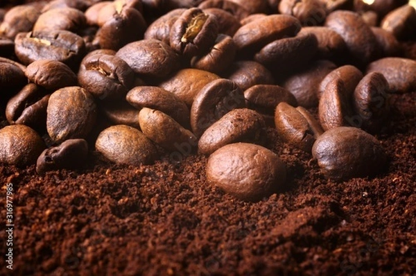 Obraz Coffee beans and ground background