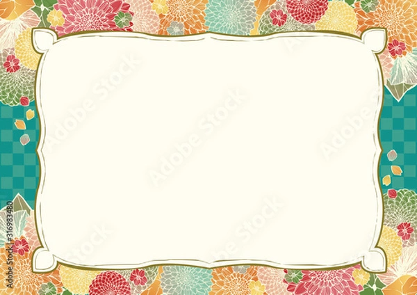 Obraz 和柄の背景素材　レトロ　アンティーク　ターコイズ　青緑　和風　着物風　市松模様　結婚式のフレーム素材