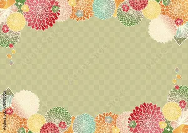 Obraz 和柄の背景素材　レトロ　アンティーク　うぐいす色　青緑　和風　着物風　市松模様　結婚式のフレーム素材