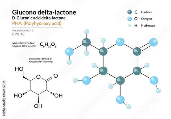Fototapeta Gluconic acid delta-lactone. PHA Polyhydroxy acid. Structural chemical formula and molecule 3d model. Atoms with color coding. Vector illustration