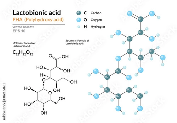 Fototapeta Lactobionic acid. PHA Polyhydroxy acid. Structural chemical formula and molecule 3d model. Atoms with color coding. Vector illustration