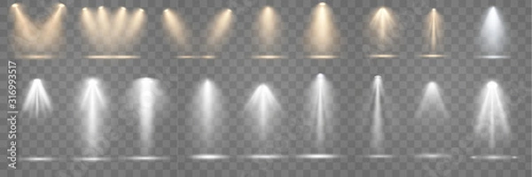 Obraz Zestaw reflektorów świeci na scenie, scenie, podium. Jasne oświetlenie z reflektorami. Oświetlenie punktowe sceny. Efekt światła lampy błyskowej z lampy lub plamki.