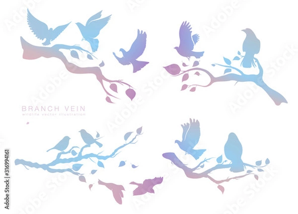 Fototapeta figure set multicolored flock of flying birds on tree branch