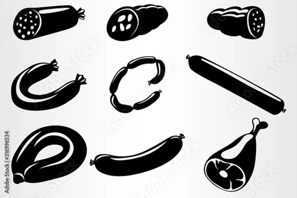 Fototapeta Vector black and white image of sausage, sausages, meat, etc. Set of nine meat products.