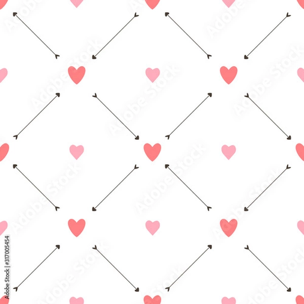Fototapeta Valentine seamless pattern with hearts and arrows on white background. For wallpaper, gift and wrapping paper, greeting card and wedding invitations, textile, fabric, linen, pajamas, web page.