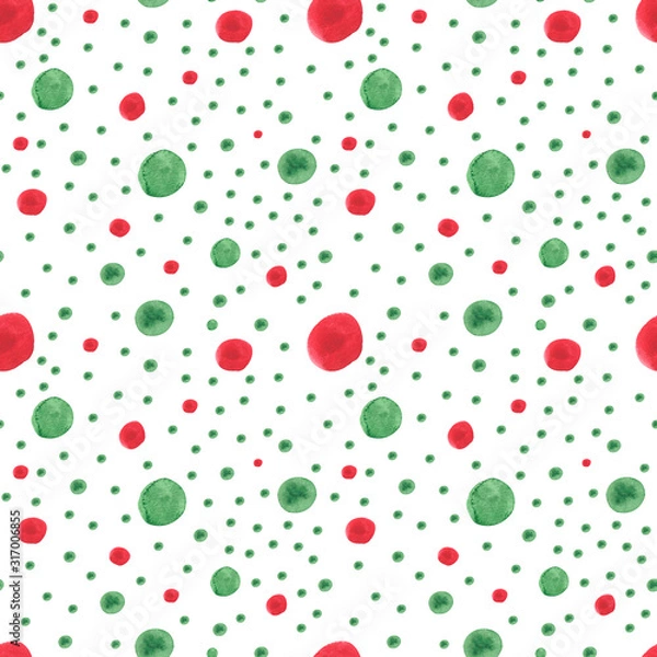 Fototapeta Watercolor abstract dots and spots seamless pattern on white background. Perfect for fabric, textile, wrapping papper. Green and red color.  Watermelon pattern collection. 