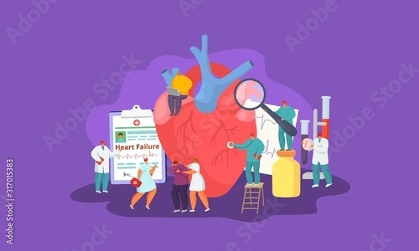 Obraz Heart failure, people patient and doctors team, medical help and care vector illustration concept. Man with heart disease. Cardiologists listen, take tests, make diagnose, prescribe pills.