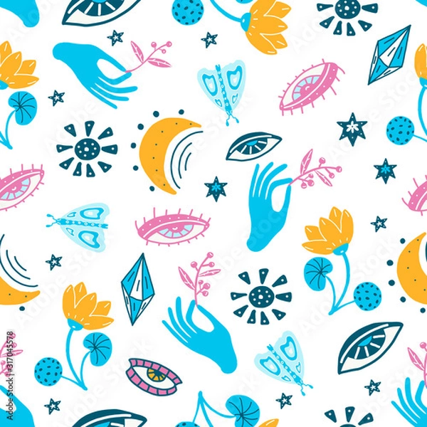 Fototapeta Vector seamless pattern with colorful alchemy and mystic signs eye, triangles, palms, moons, stars, astrology symbols hand drawn in lines. Bright modern ditsy print with geometric shapes in multicolor