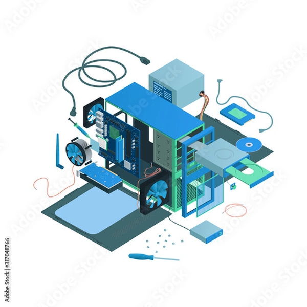 Fototapeta Isometric disassembled computer case with components.