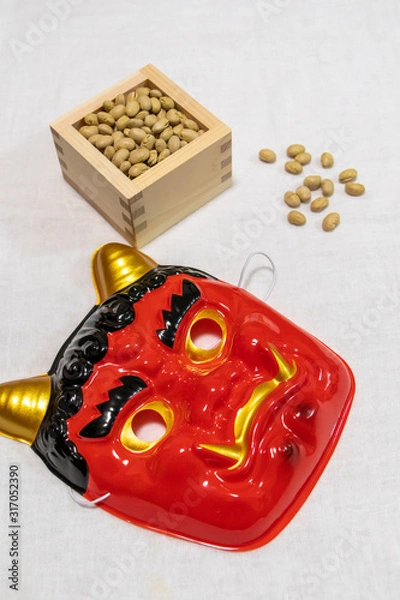 Obraz 鬼のお面の奥にマス入りの福豆