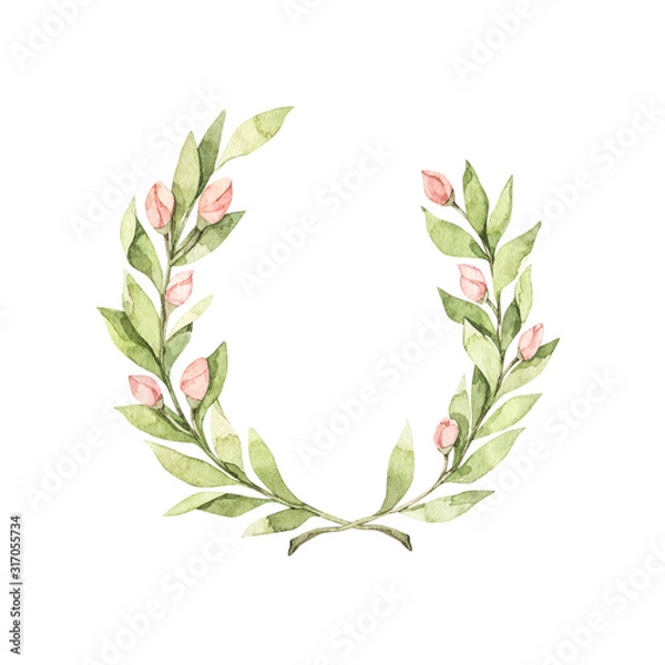 Fototapeta Watercolor illustration. Hello spring! Laurel Wreath. Floral design elements with green branches and pink roses. Perfect for wedding invitations, greeting cards, blogs, logos, prints and more