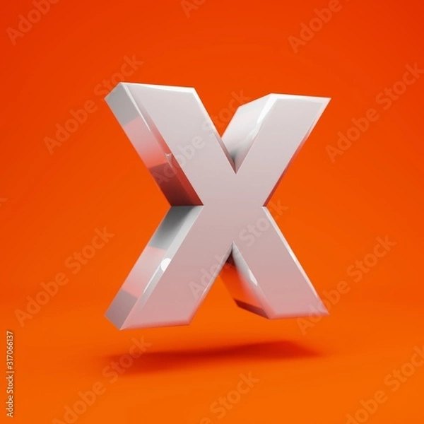 Fototapeta Whithe glossy 3d letter X uppercase on hot orange background. 3D rendering. Best for anniversary, birthday party, celebration.