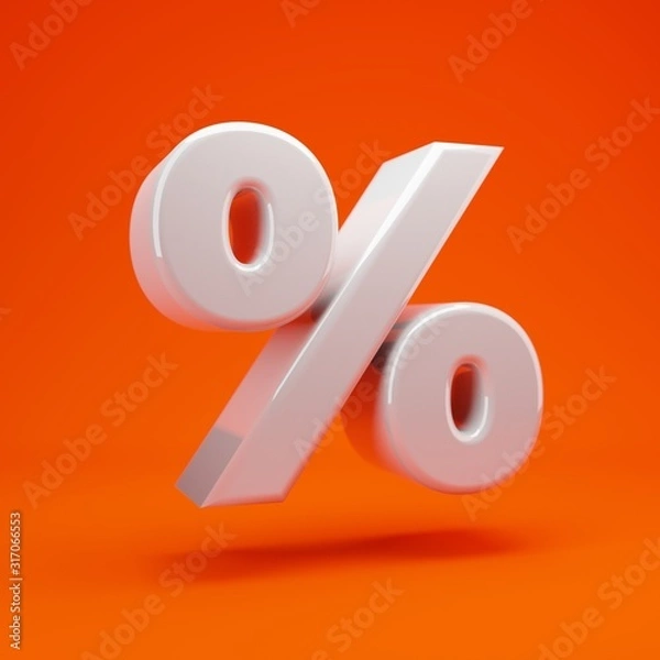 Fototapeta Whithe glossy 3d percent symbol on hot orange background. 3D rendering. Best for anniversary, birthday party, celebration.