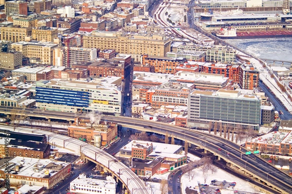 Obraz Vue aérienne du quartier Griffintown et du Port à  Montréal en hiver