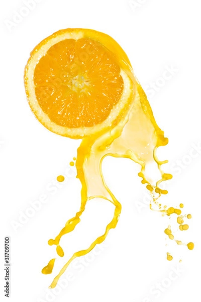Obraz orange juice splashing from cut fruit, isolated