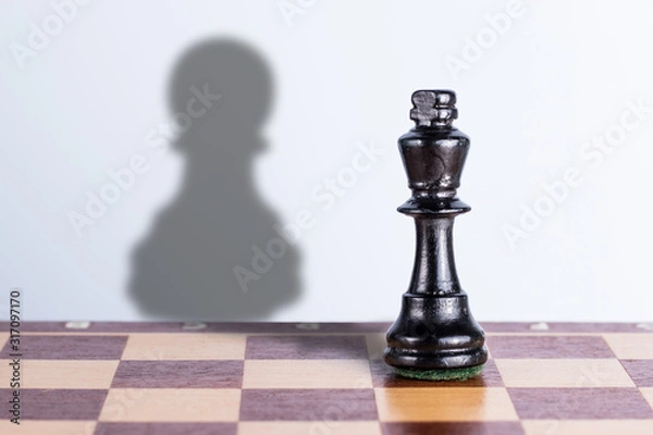 Fototapeta Black chess king with pawn shadow. Exaggeration of possibilities concept.