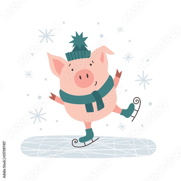 Fototapeta Cute pig in hat skating flat illustration. Funny picture design with charming pet. Winter wonderland and happy holidays. Template for poster, banner, invitation, greeting card on isolated background.
