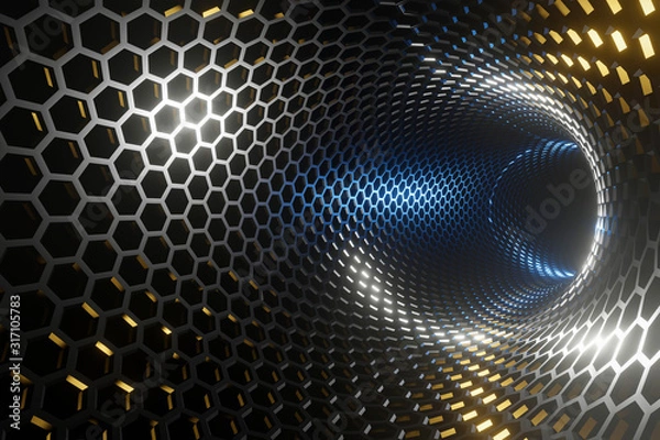 Fototapeta Background abstract space tunnel from a pattern of iron hexagons in the rays of light of planets, a blank for a banner. Photorealistic 3d render.