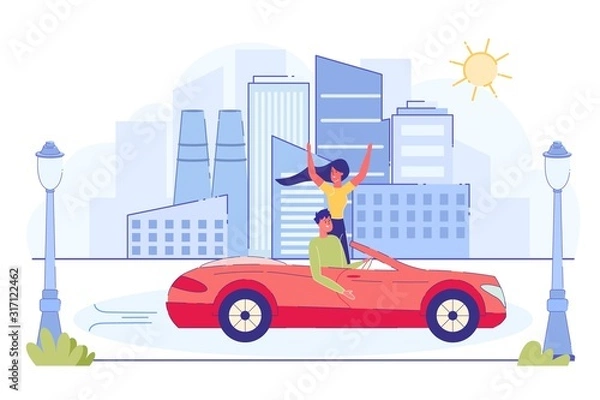 Fototapeta Happy Couple Riding Red Cabriolet Car on Cityscape