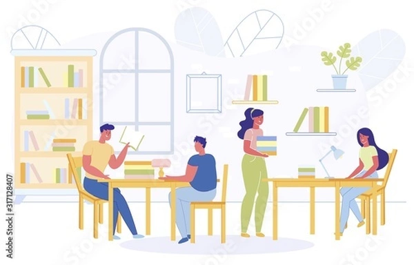 Fototapeta Man and Woman Getting Knowledge in Library Flat.