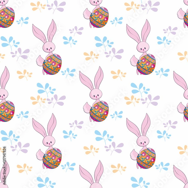 Fototapeta Easter seamless pattern with cute bunnies and colored eggs. Colorful vector background.