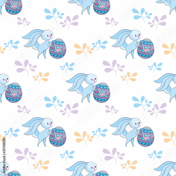 Fototapeta Easter seamless pattern with cute bunnies and colored eggs. Colorful vector background.