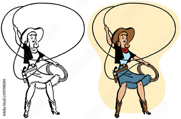 Obraz A cowgirl twirls a rope lasso in a rodeo performance. 