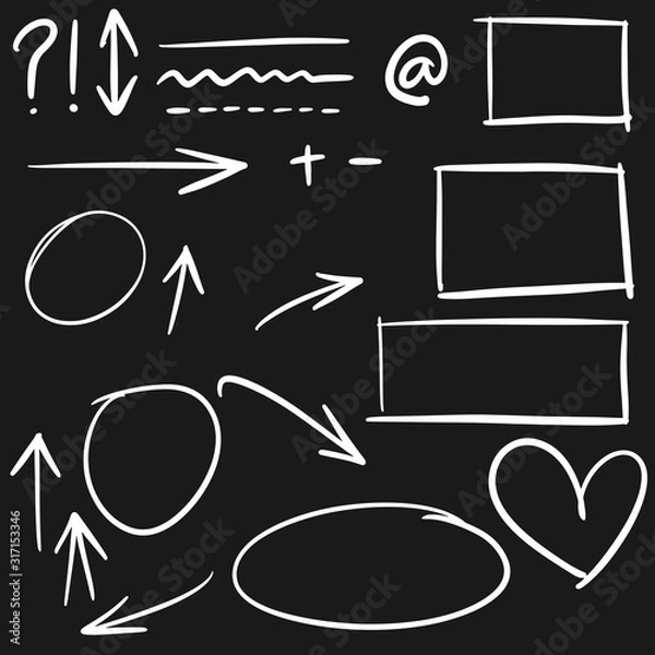 Fototapeta doodle design element. Doodle lines, Arrows, circles and curves vector. hand drawn design elements isolated on black background for infographic.