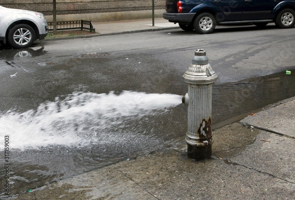Obraz Fire hydrant open without water saving cap in Bronx NY community during summer