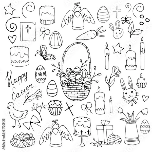 Fototapeta Hand drawn vector set of easter traditional symbols: easter eggs, bunny, chick, flowers, basket, willow twigs. Black outlines isolated on white background. Design for printed materials.