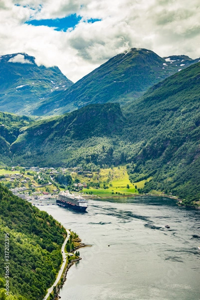 Obraz Fjord Geirangerfjord with ferry boat, Norway.