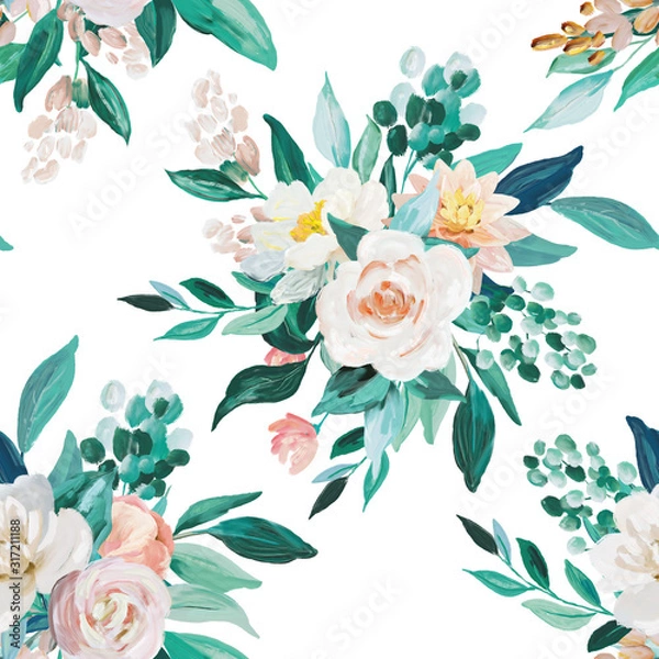 Fototapeta Blush and Mint floral seamless pattern on white background. Hand drawn painting decoration for wedding invitation, birthday, business, anniversary, party invitation, holidays.