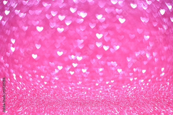 Fototapeta Abstract vintage background from glitter pink bokeh lights in the shape of a heart, blurred background