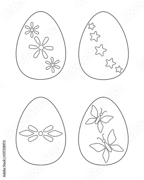 Fototapeta Easter eggs with flowers, flowers and butterflies. Set of easter eggs for kids coloring. Even pattern with vector, linear eggs for coloring. Outline. Easter - hand drawing.