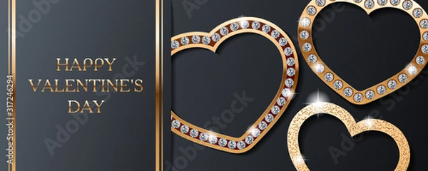 Fototapeta Luxury Valentines day vector golden and diamond hearts on black striped background. Cute card, banner, flyer, poster, voucher or greeting card template.