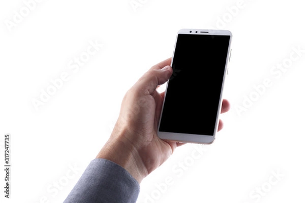 Fototapeta close up hand hold phone isolated on white, mock-up smartphone white color blank screen