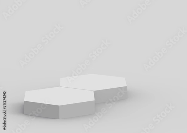 Fototapeta 3d white gray hexagon podium minimal studio background. Abstract 3d geometric shape object illustration render. Display for cosmetics and beauty fashion product.