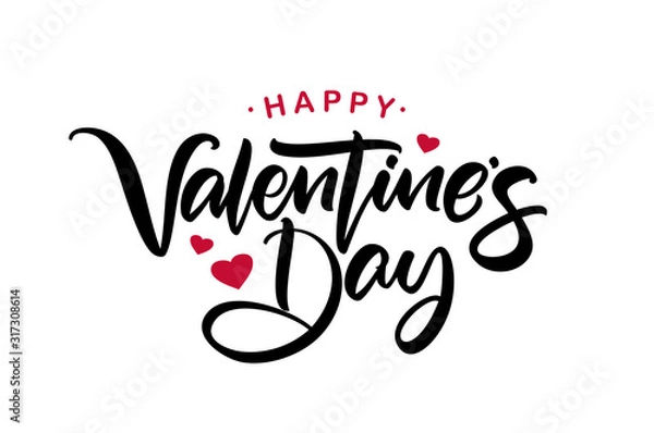 Fototapeta Happy Valentine's Day. Handwritten calligraphic lettering with red hearts.