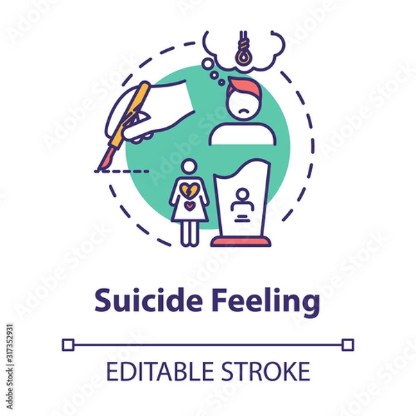 Obraz Suicide feeling concept icon. Suicidal ideation. Mental disorder, depression. Health care. Psychiatric illness idea thin line illustration. Vector isolated outline RGB color drawing. Editable stroke