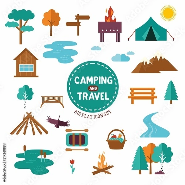 Fototapeta Big set of camp and travel symbols and icons. Collection with tent, trees, mountains sign.