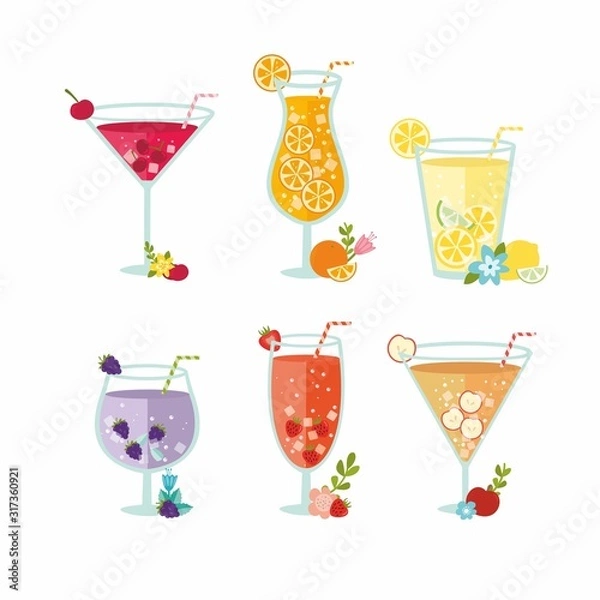 Fototapeta Set of variety alcohol cocktail by glasses. Summer ice fruit drinks with lemon, apples, blackberry, cherry, orange and strawberry. Simple and flat style.