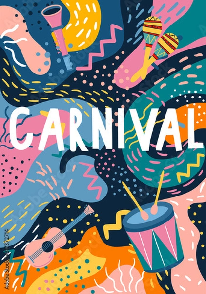 Fototapeta Postcard with lettering saying Carnival. Card for carnival in Brazil. Abstract memphis background with drum, trumpet, maracas, guitar. Design element for banner, poster, card. Flat vector illustration