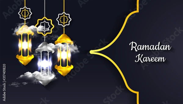 Fototapeta Ramadan Kareem background with 3d realistic lantern lamp, star, cloud in golden and silver color, for banner, greeting card