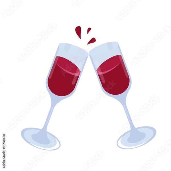 Obraz Two glass glasses with red wine and a splash of the drink. Vector illustration in the trend flat style, isolated on a white background.