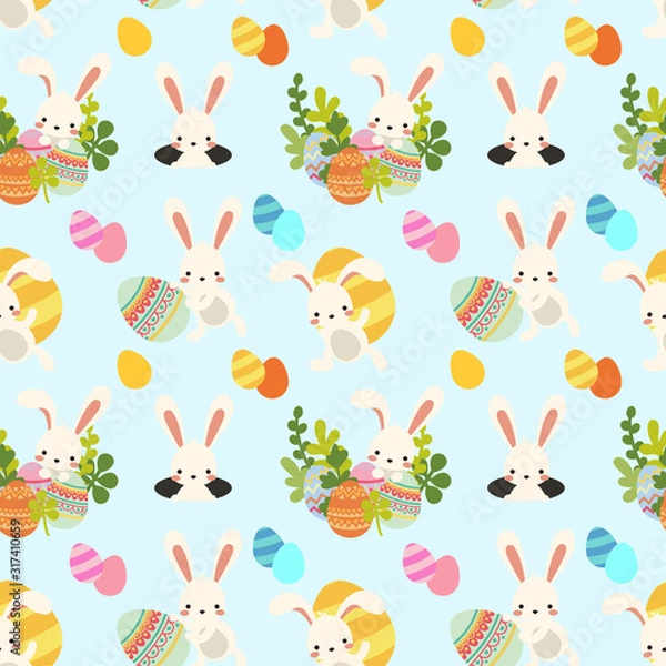 Fototapeta Vector cute flat cartoon easter bunny, hare, rabbit and colorful decorative eggs seamless pattern bright colored with blue background